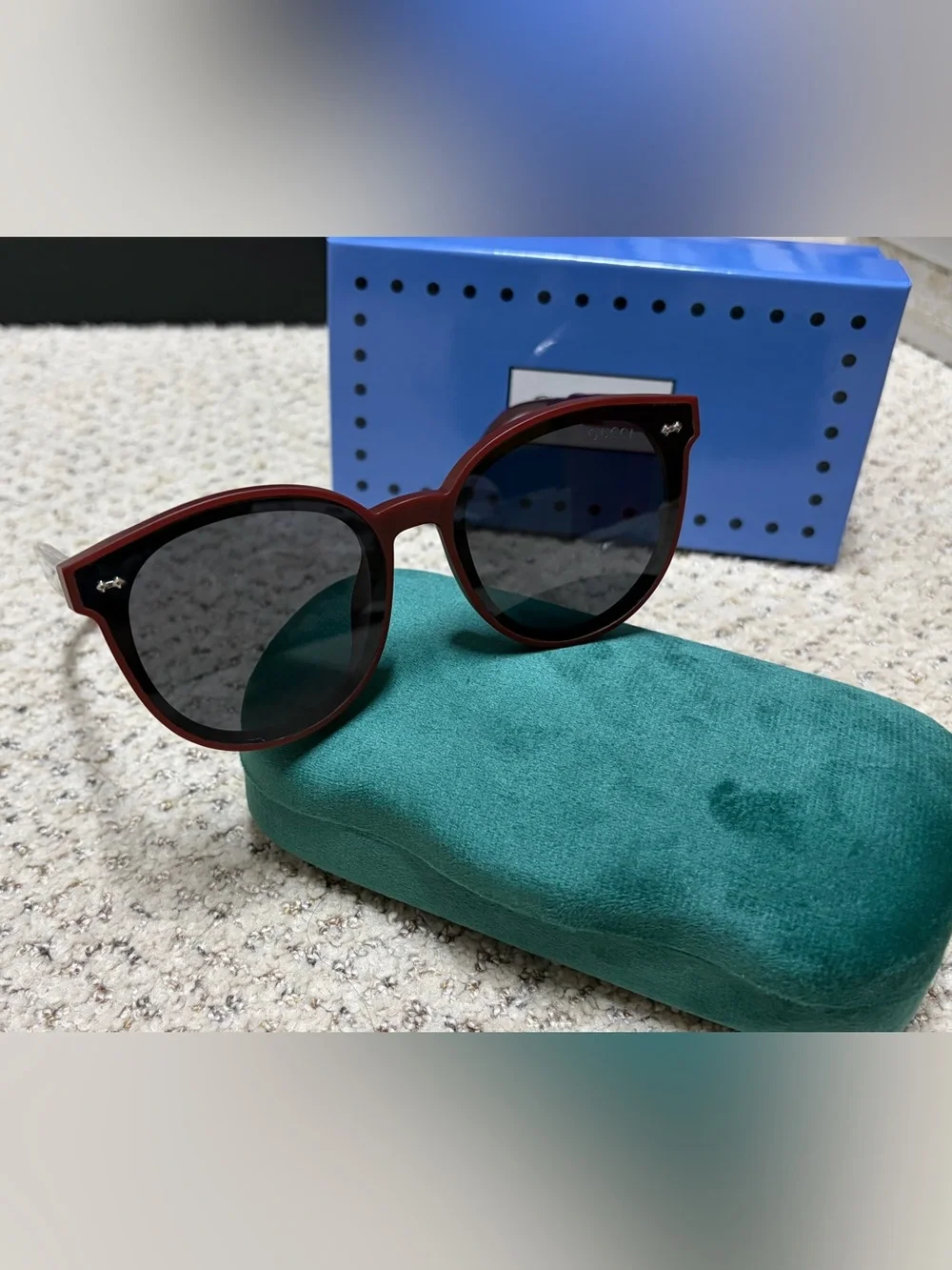 Red Round Acetate Sunglasses with Dark Lenses, new with box